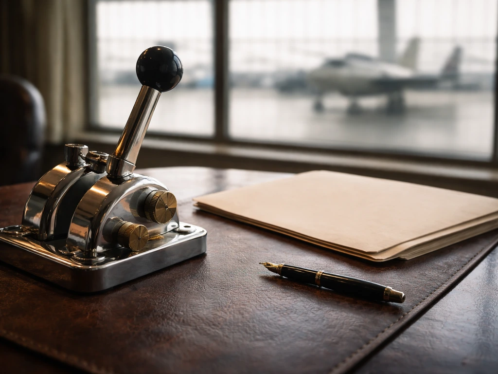 Vintage aircraft cockpit artifacts on an office desk near unmarked folders, symbolizing executive-era wealth sources.