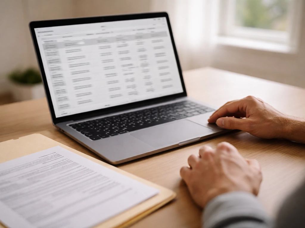 Minimal desk scene with a laptop showing a generic property records search page and a filing folder