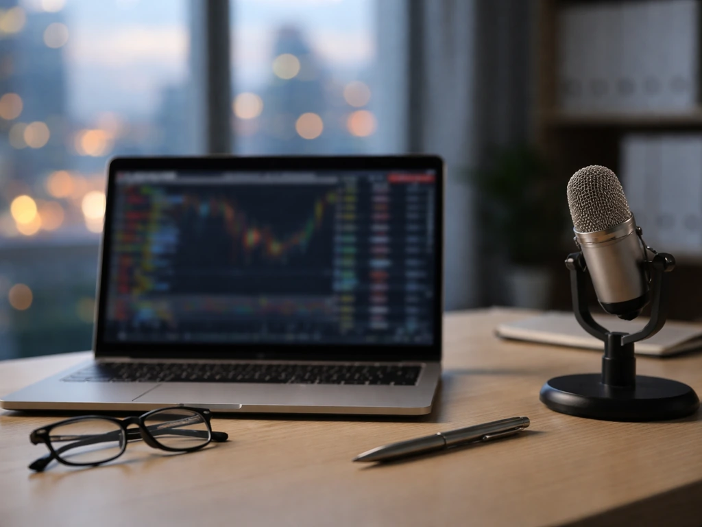 Minimal hedge-fund style desk scene with a laptop and microphone, symbolic finance atmosphere
