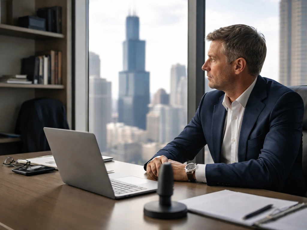 Anonymous hedge-fund executive at a desk with a laptop and microphone, city skyline through window.