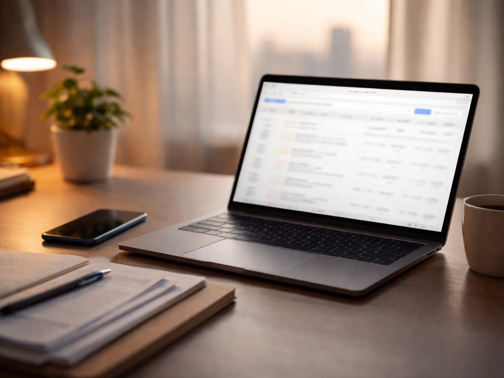 Minimal desk scene with laptop showing a blurred financial search interface vibe, no readable text.