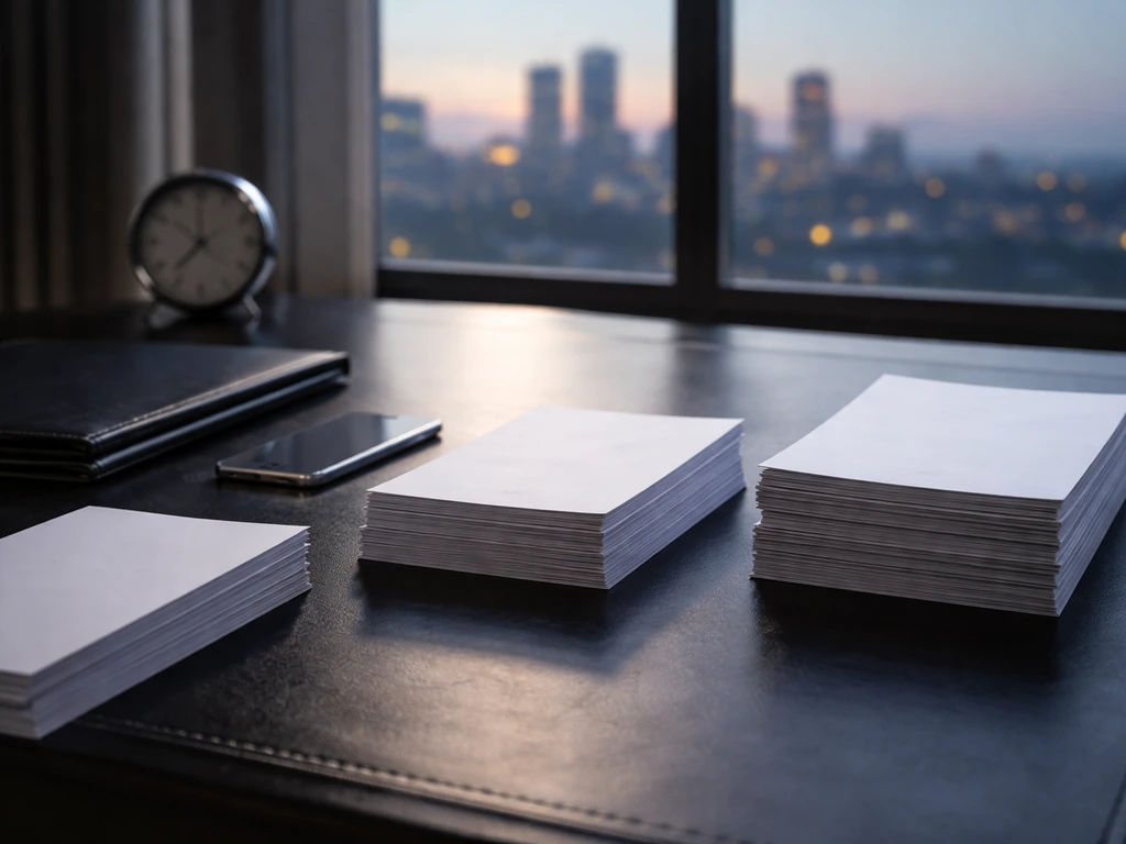 Minimal photo of a banker’s desk with three business documents and a dark city skyline, suggesting market shifts over ti