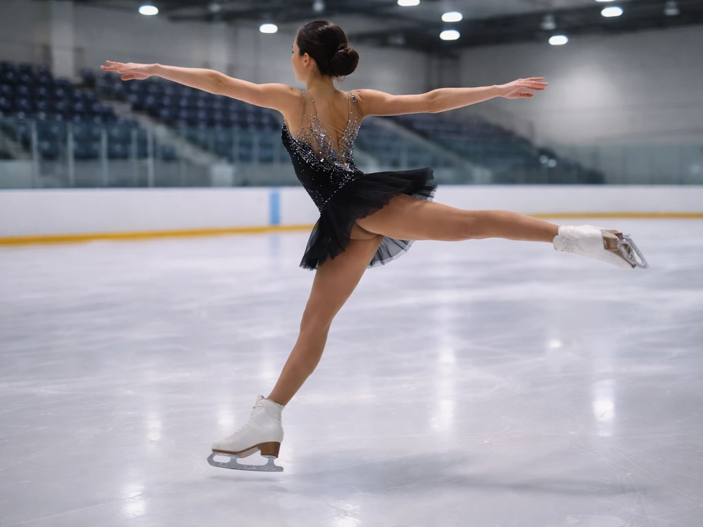 Ice dancer in motion on an indoor rink, spinning with a blurred background of snow and lights.