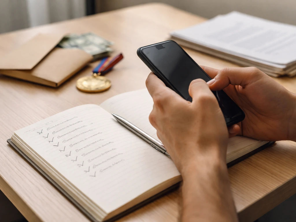 Hands holding a smartphone over a notebook checklist, with blurred money and sport memorabilia in the background