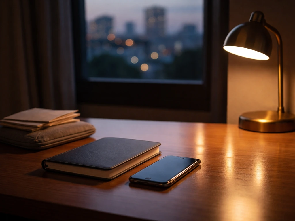 Simple office desk scene symbolizing a net worth estimate shifting upward over time with a rising light reflection
