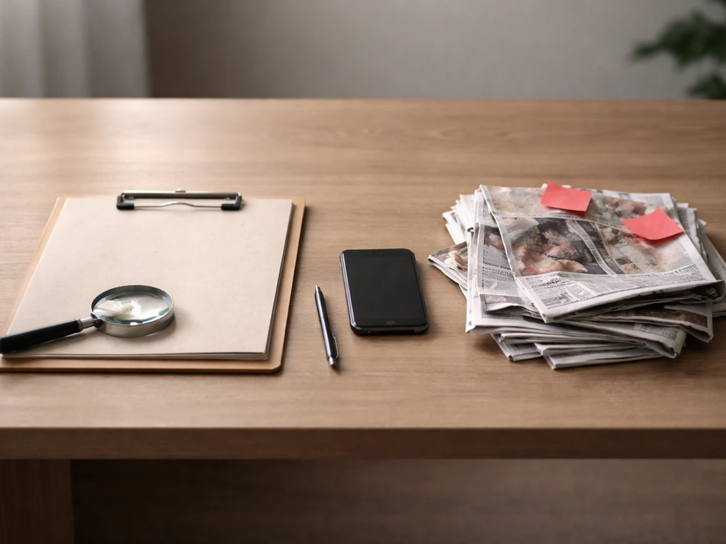 Desk with magnifying glass and sealed folder beside crumpled tabloid papers and warning notes, no text.