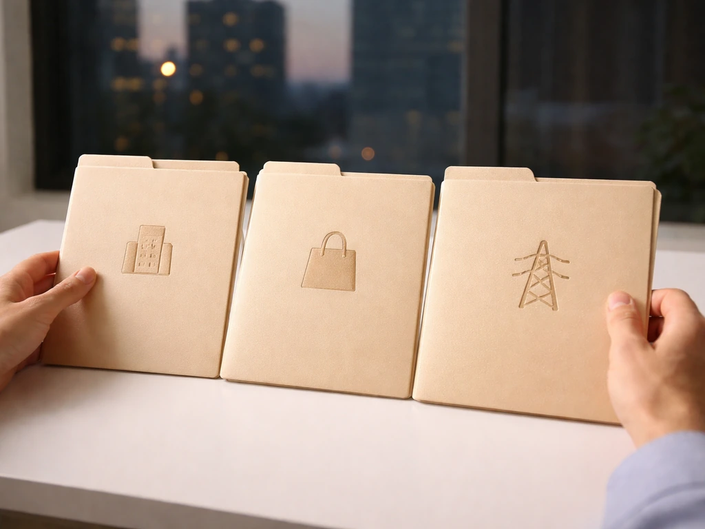 Minimal photo of a modern desk with three business folders representing real estate, retail, and energy