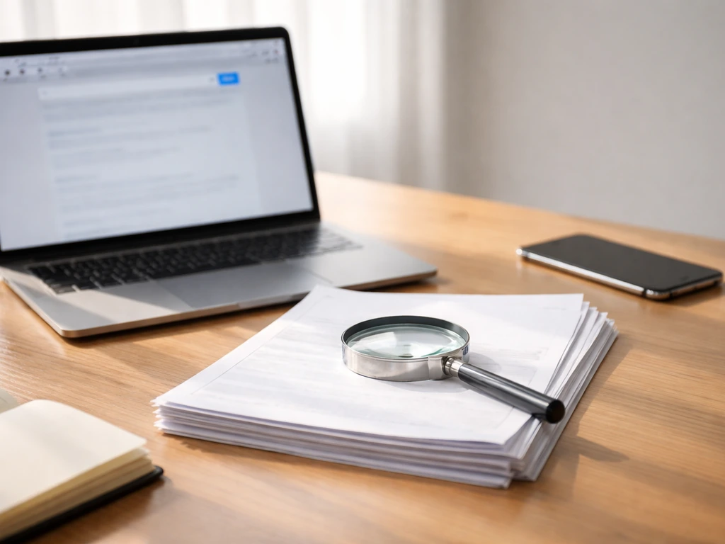 Minimal desk scene with laptop, documents, and magnifying glass suggesting verifying wealth estimates