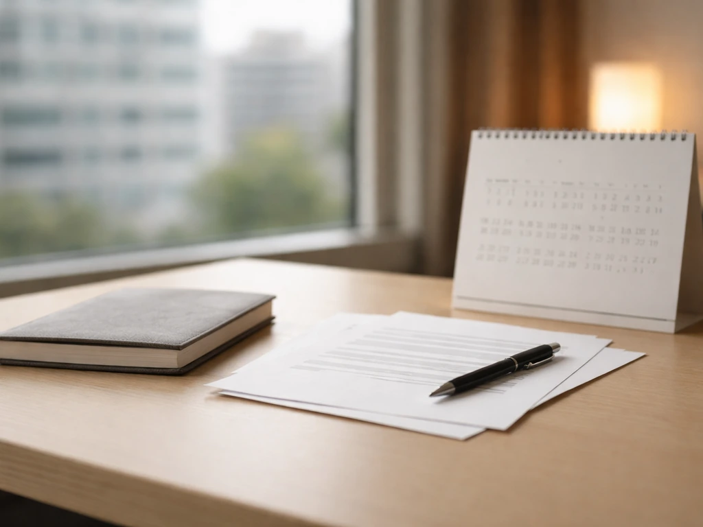 Minimal office desk with papers and a calendar page showing sequential years, symbolizing wealth changes over time.