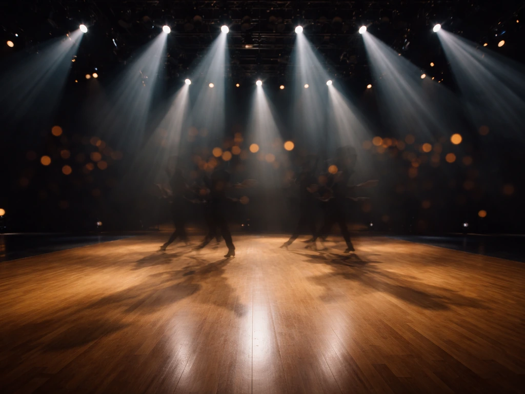 Empty ballroom stage with dance lighting, spotlight beams reflecting off a wooden floor.