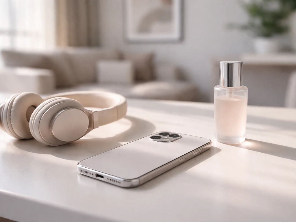 Close-up of a smartphone on a clean desk beside headphones and a small product bottle in soft natural light.