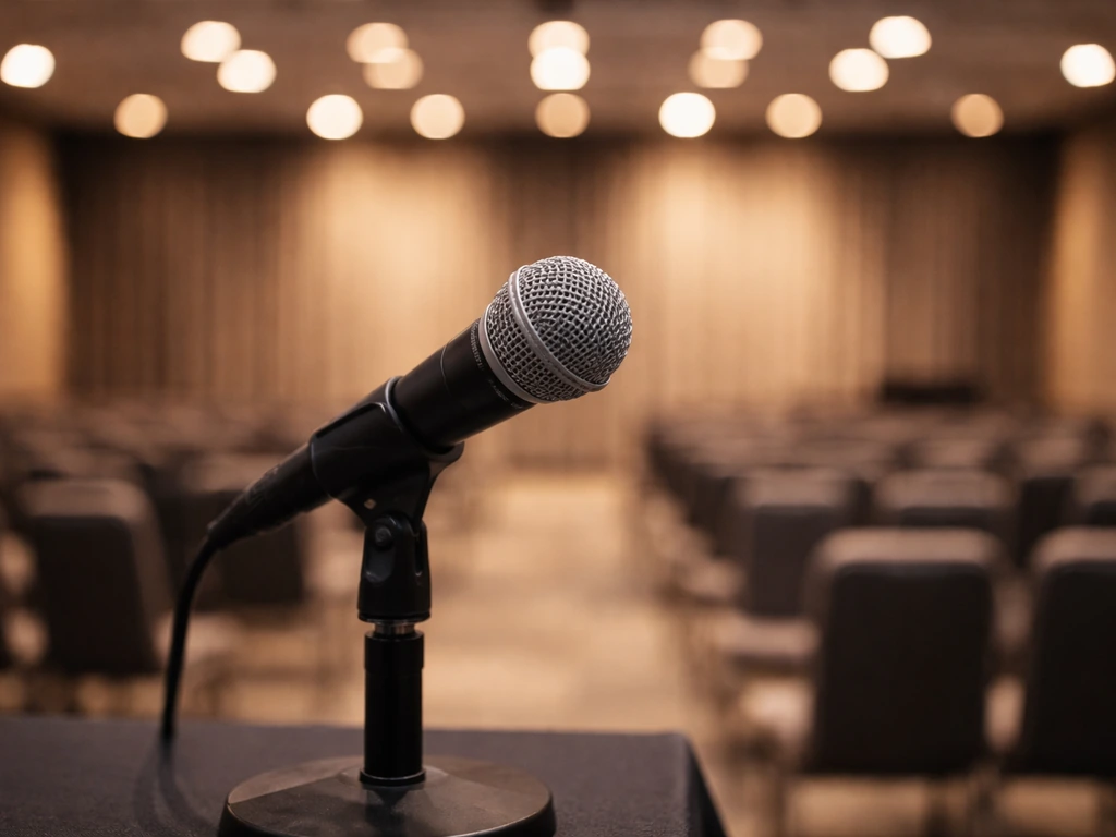 Dimly lit business conference room with a microphone and warm lights, symbolizing media and industry leadership.