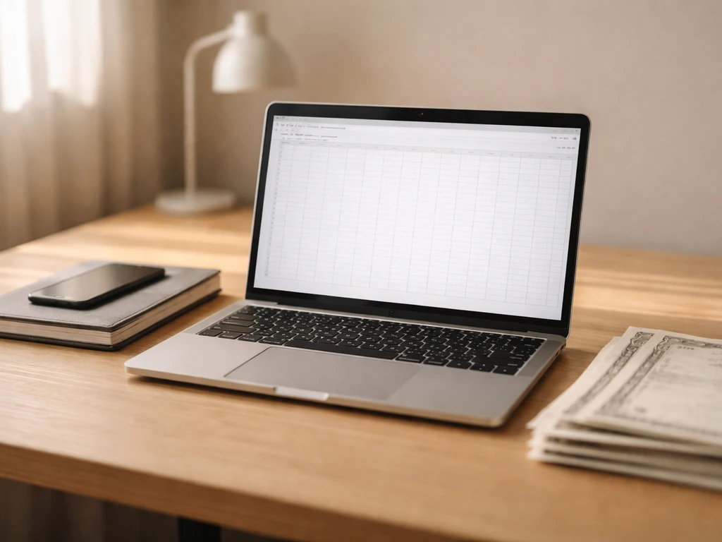 Minimal desk scene with a laptop spreadsheet grid symbolizing shares multiplied by market price.