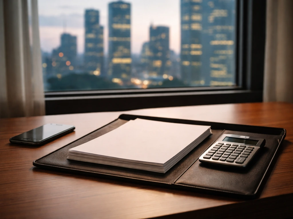 Minimal photo showing a hand turning a stack of investment papers beside a blurred city skyline at dusk