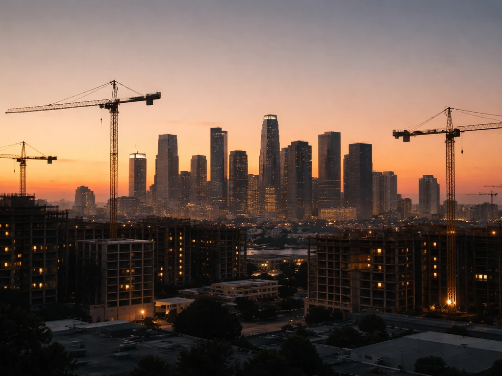 Dramatic Los Angeles skyline with construction cranes over a modern real-estate development site at dusk.