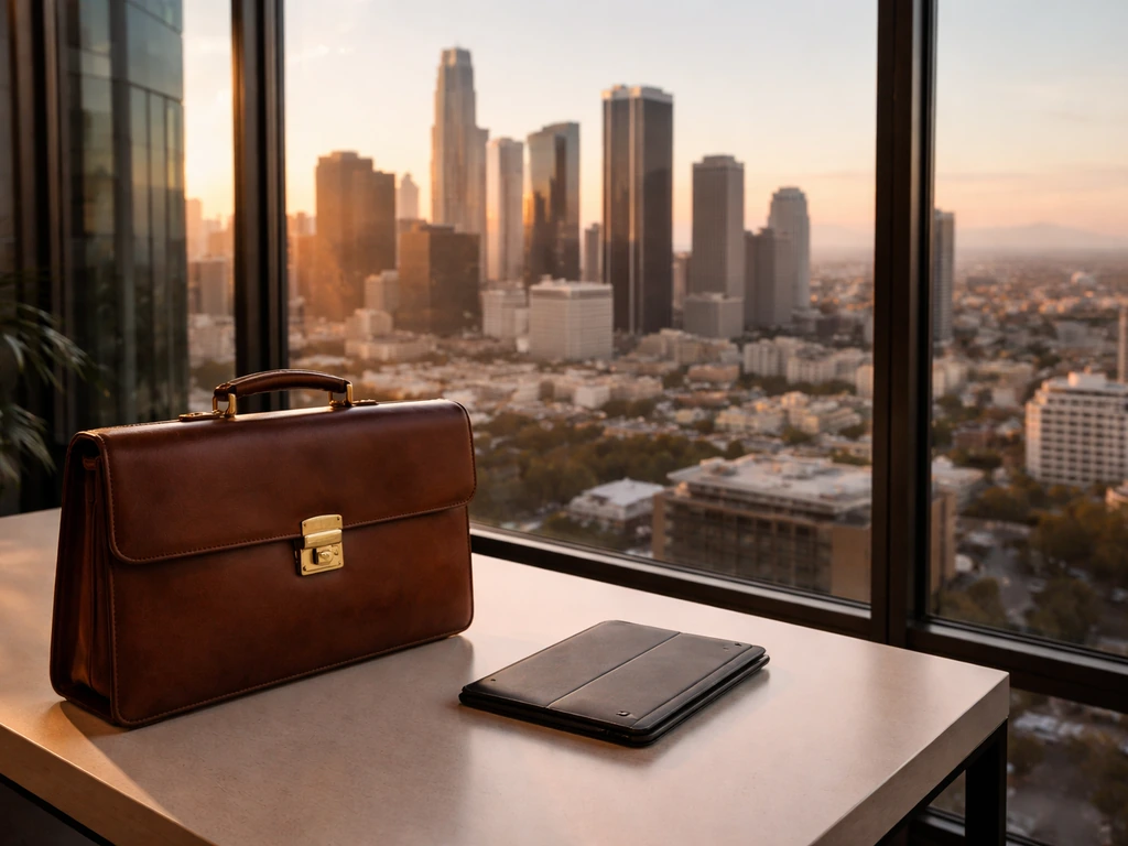Minimal desk scene in a modern LA office with a briefcase and closed tablet by the window at golden hour.