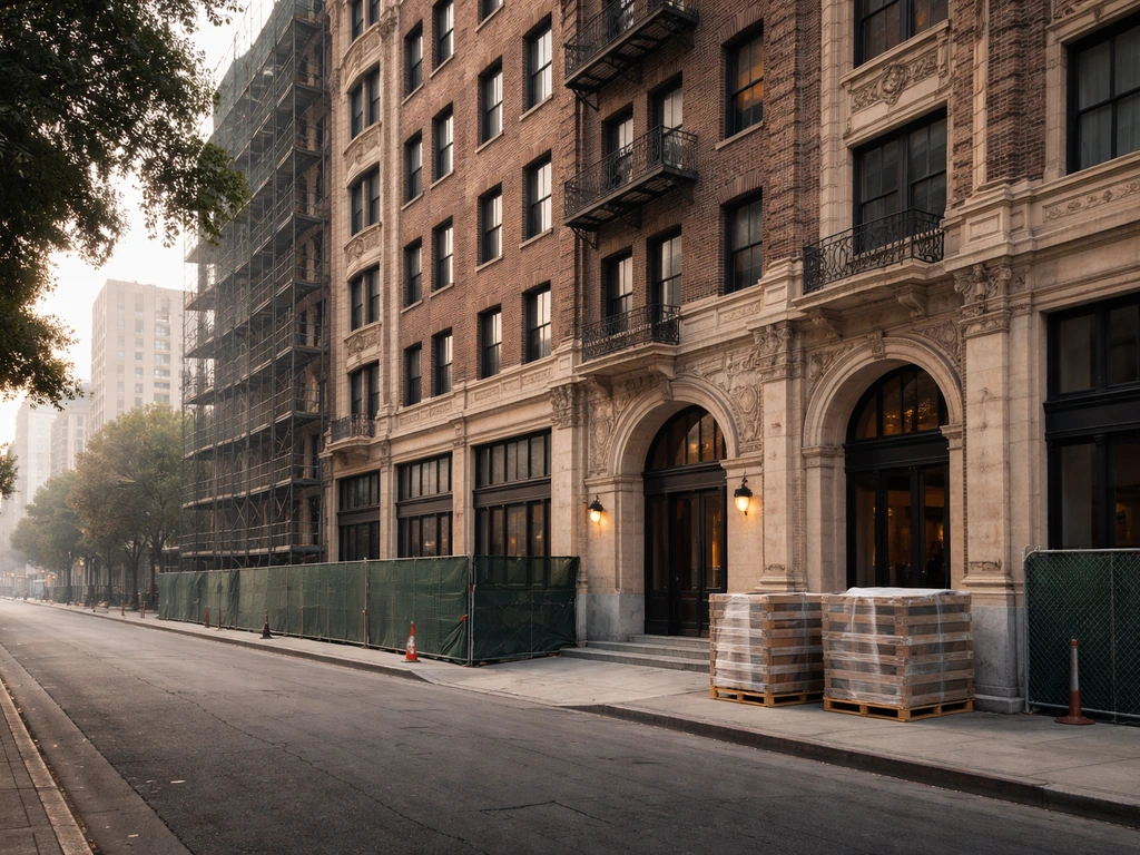 Restored historic hotel façade in downtown Los Angeles during adaptive reuse construction.