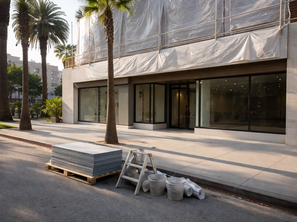 Minimal Santa Monica retail storefront under light construction, scaffolding and materials near the curb.