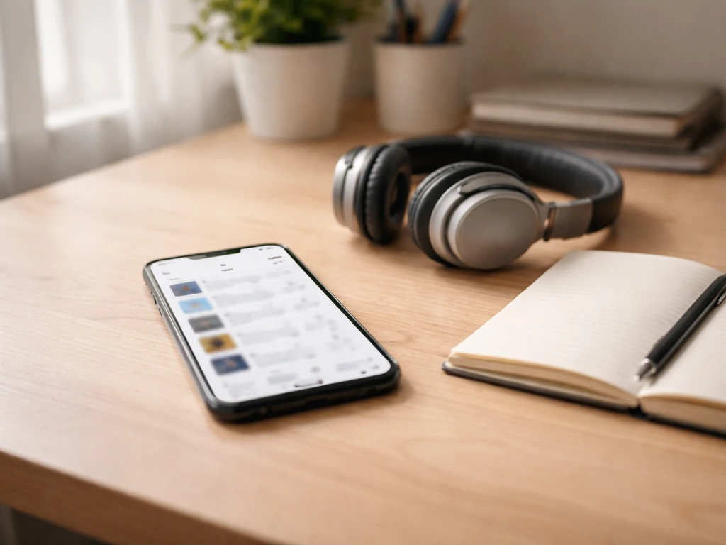 Minimal desk scene with smartphone showing a generic app store page and blurred developer name