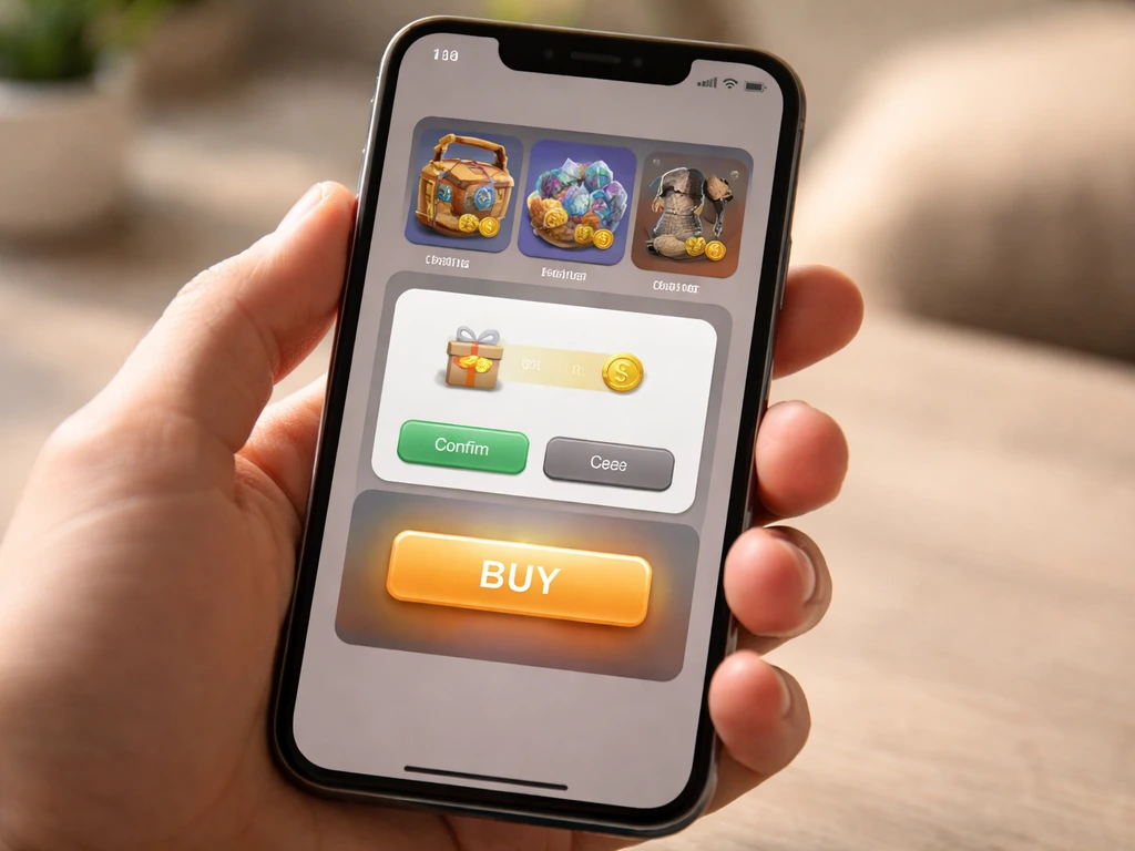 Close-up of a smartphone showing an in-app purchase screen for game packs and cosmetics