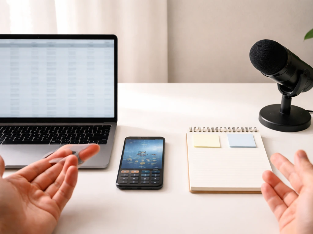 Minimal desk scene with laptop, phone, and notepad implying different money estimates from sources.