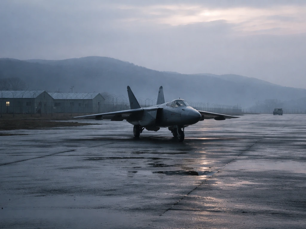 Moody Vladivostok-area airbase scene with a parked MiG-25-style jet and distant fence under overcast sky