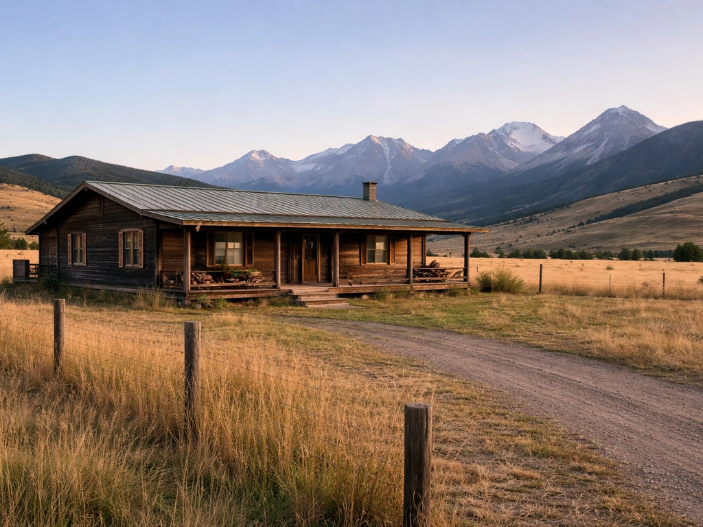 Exterior of a quiet Montana ranch house with open fields and dramatic mountains in the background