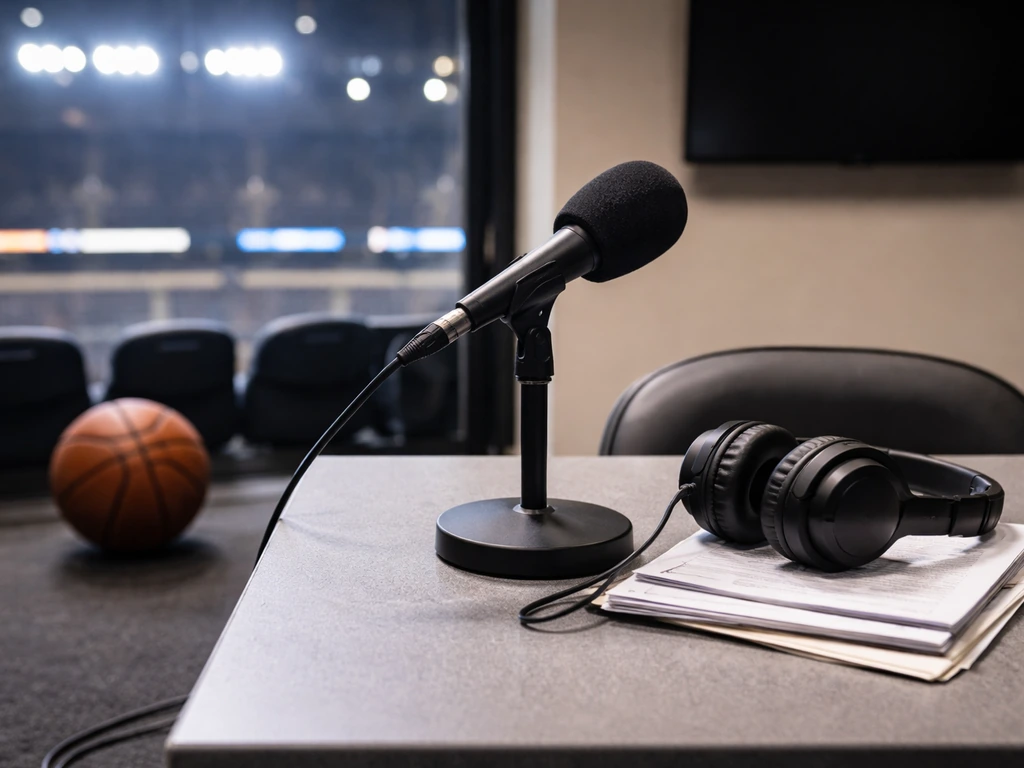 Desk microphone, headphones, and a basketball in an NBA media-style workspace, softly blurred stadium lights.