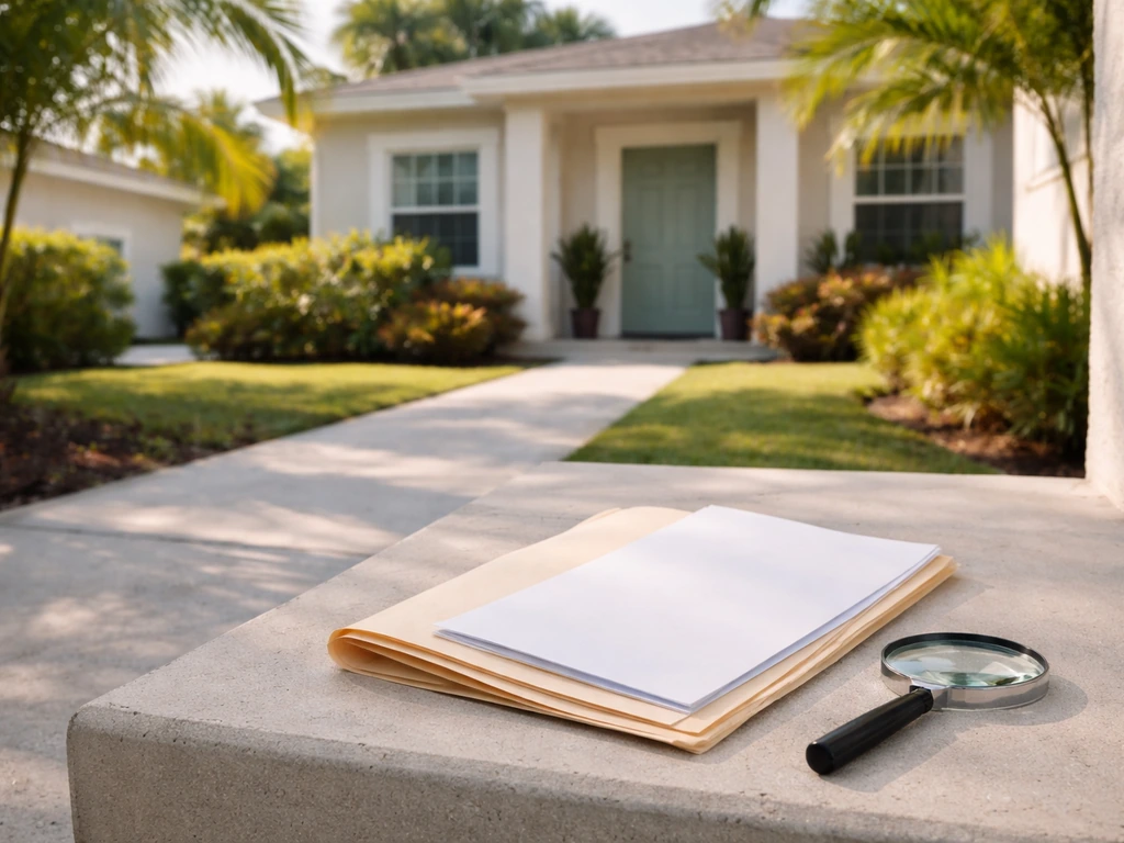 Sunny exterior of a modest Florida home with a blurred county-records folder on a desk