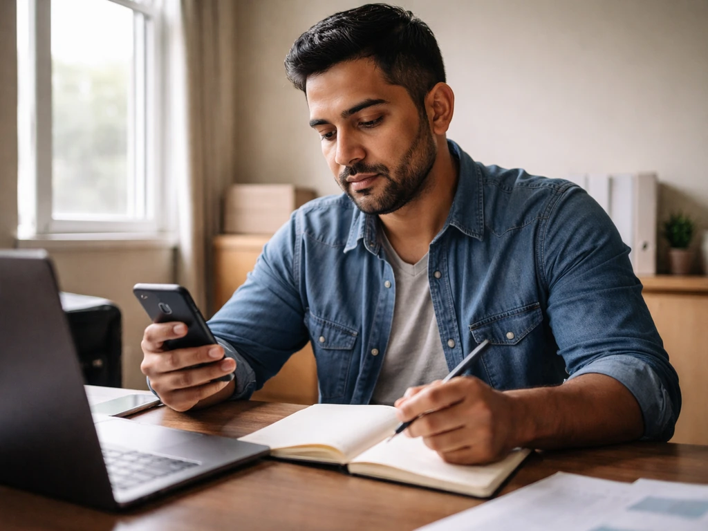 Anonymous immigrant entrepreneur at a small desk with a smartphone and blank notebook in soft daylight.