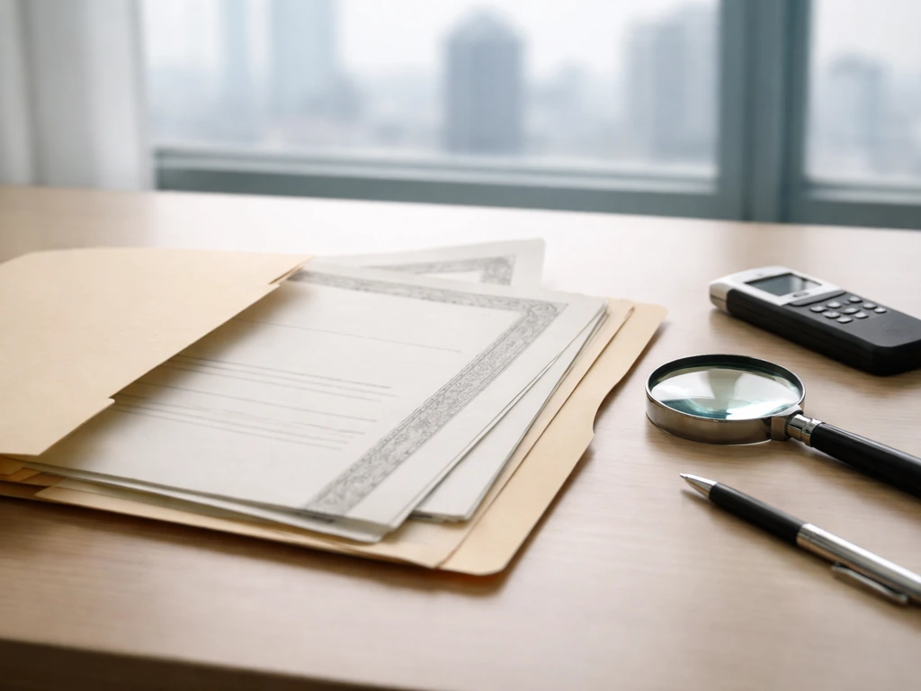 Open folder of blank verification documents with magnifying glass on a desk, city view blurred behind