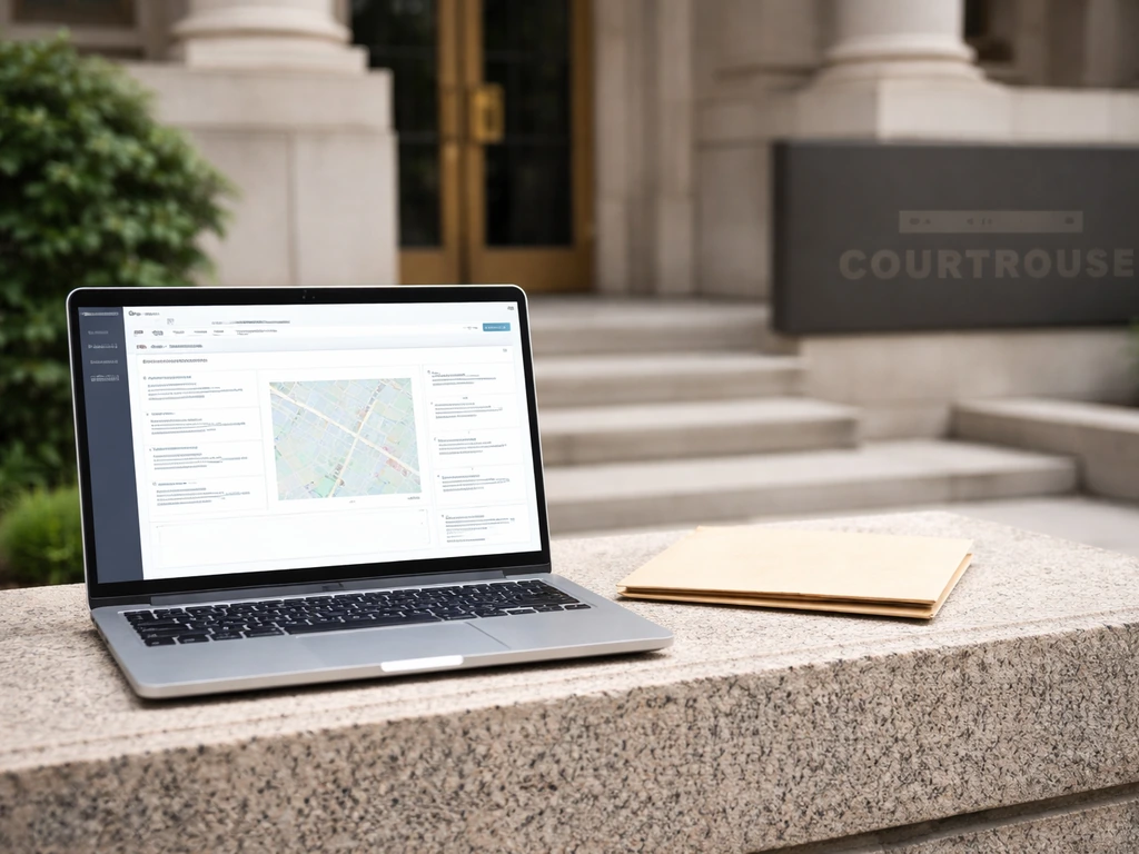 Courthouse exterior with a laptop showing a blank property record search screen for researching deed updates.