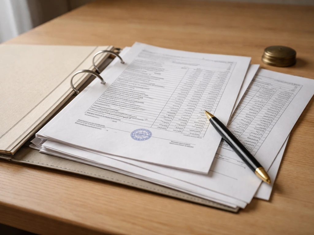 Close-up of printed income declaration pages on a wooden desk with a pen and paperweight.