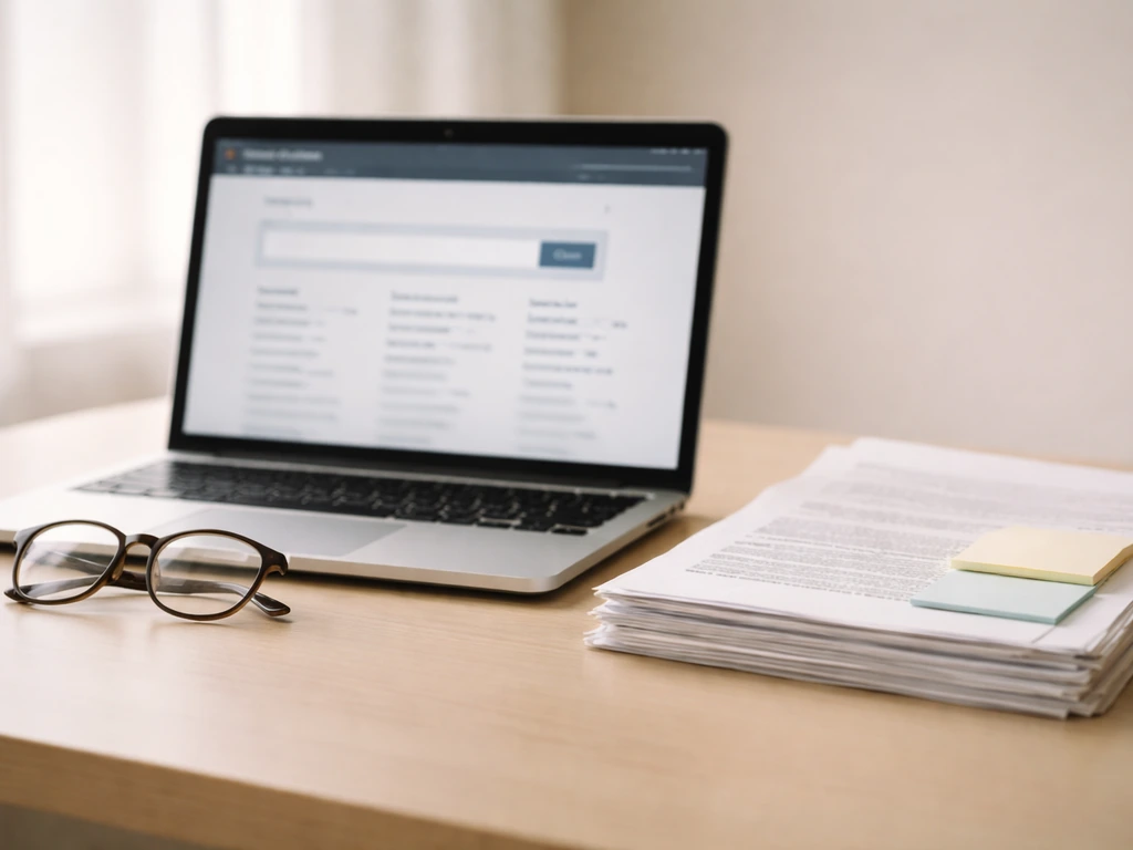 Desk scene with a laptop and printed documents for verifying financial information, no readable text.