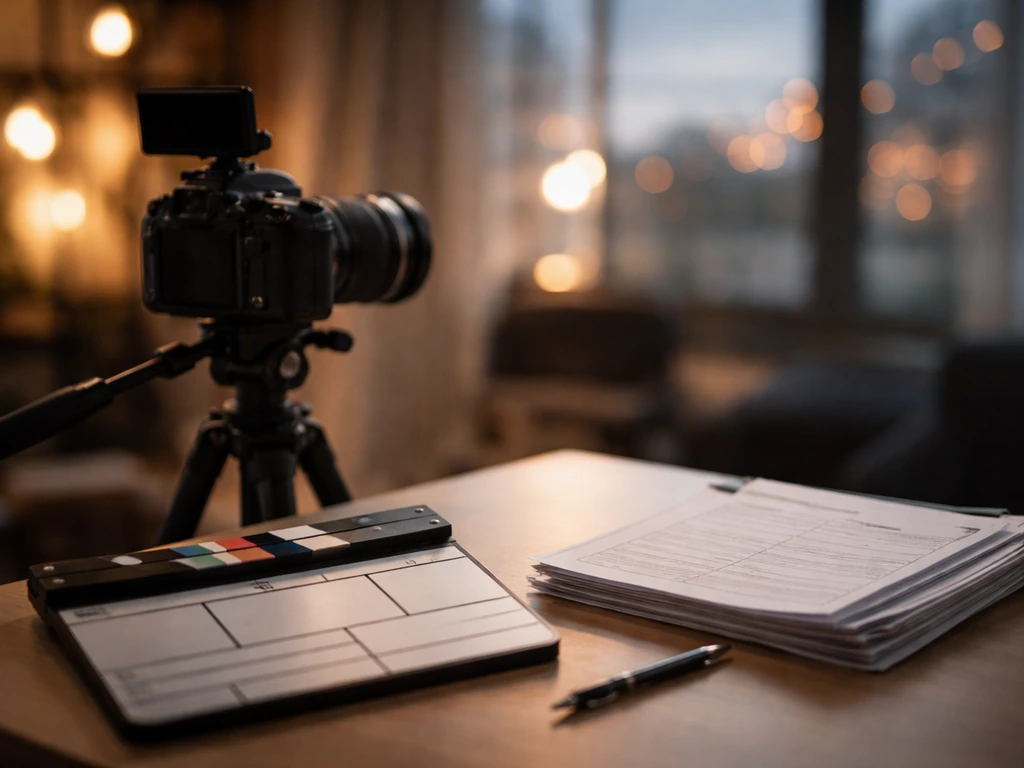 Minimal film studio desk scene suggesting actor identity checks and wealth research