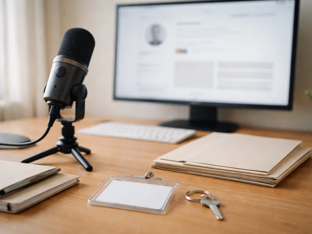 Minimal office desk scene with a computer monitor and studio microphone, symbolizing verified public actor credits.