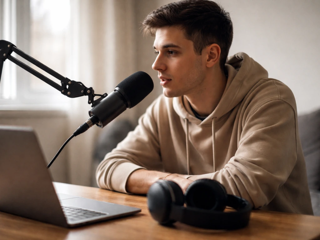 Anonymous content creator at a home studio desk with microphone and headphones, natural light, minimal background.