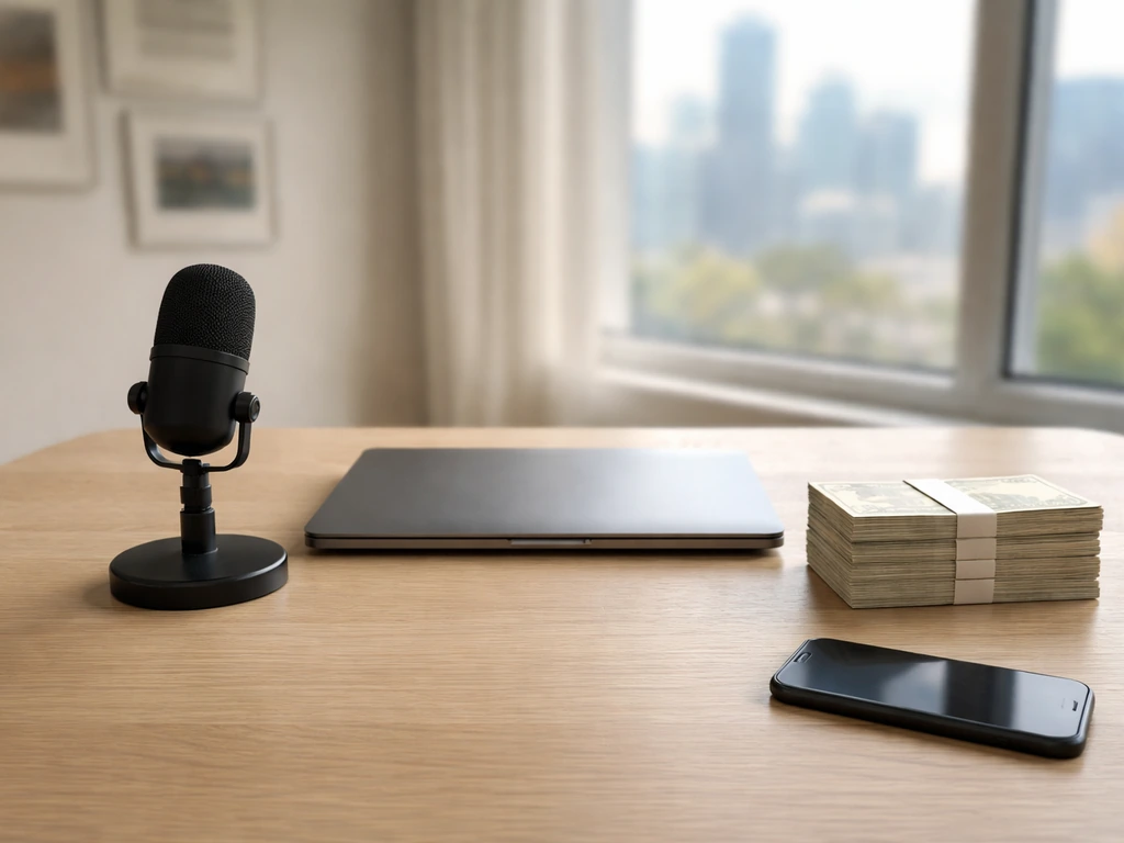 Minimal desk with laptop and microphone beside a money stack, lit by window light, no people.