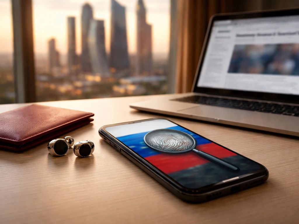 Smartphone and business items on a desk with blurred Russian news and a Moscow-style office window behind.