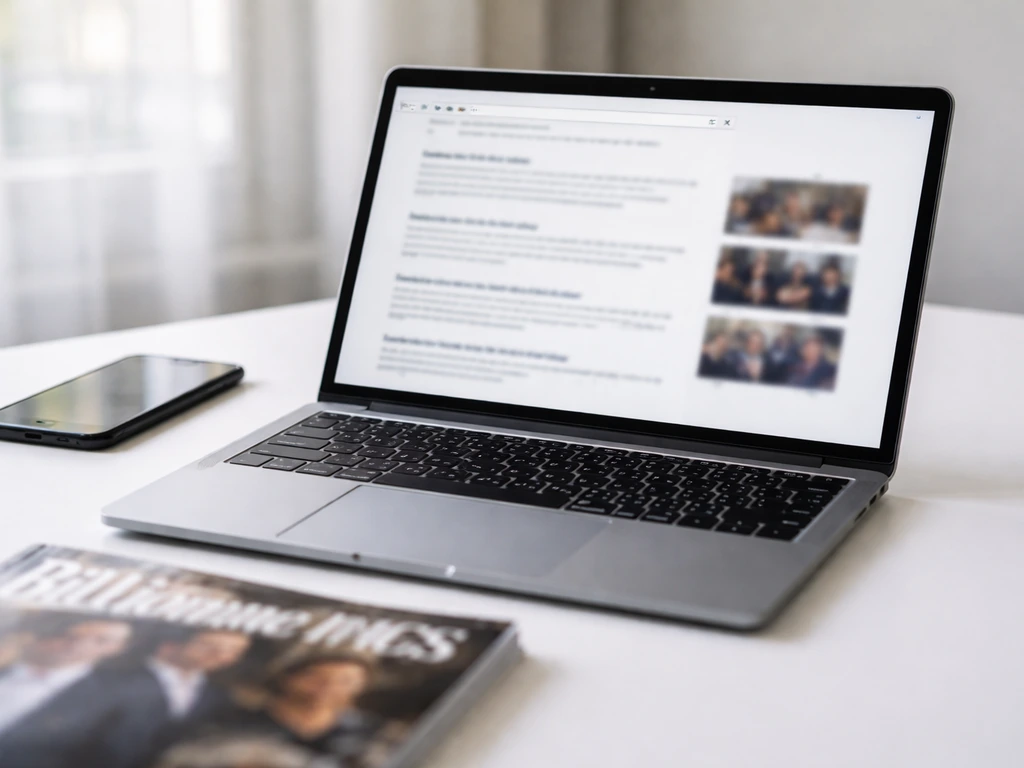 Unbranded laptop and finance magazines on a desk, suggesting billionaire index research with blurred screens.