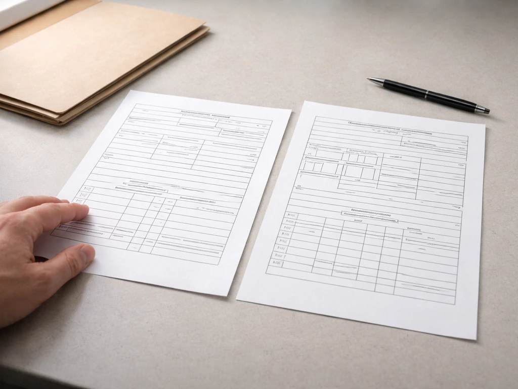 Anonymous hand sorting two blank mock documents on a desk, suggesting corporate registry and procurement references.