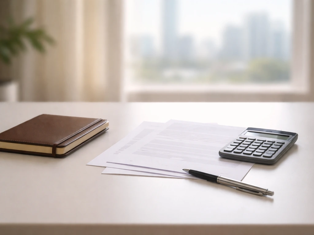 Minimal photo of a notebook, calculator, and scattered documents representing contract-value inputs for wealth estimatio