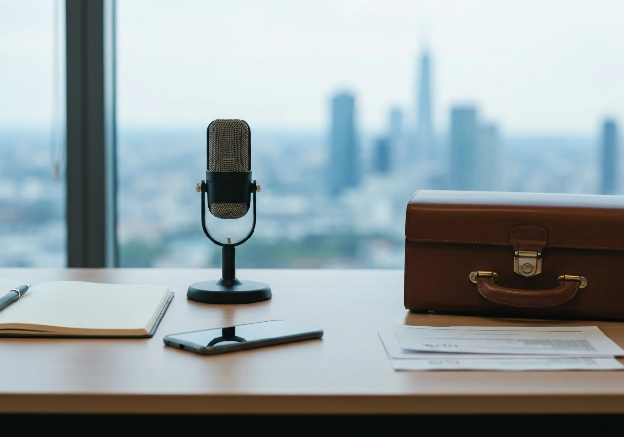 Minimal office desk with a microphone, briefcase, and blank notebook under natural light