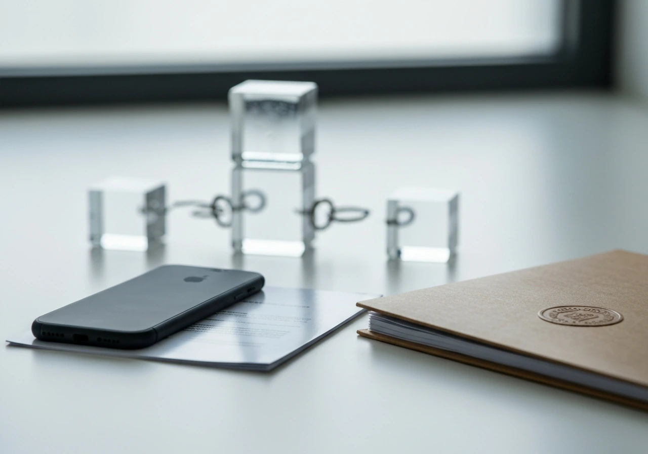 Minimal desk scene with a central hub-like object connected to three smaller blocks, implying core platform.