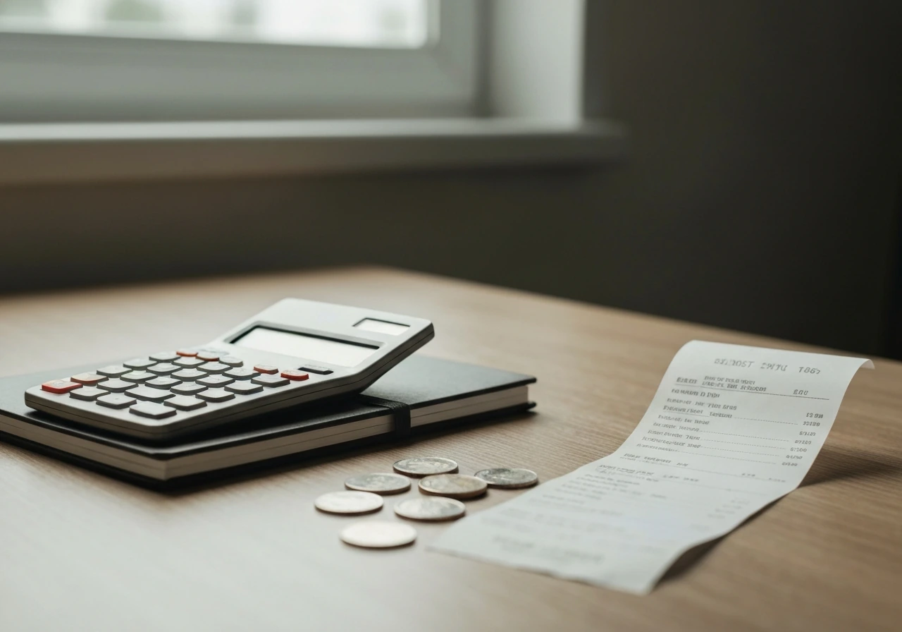 Minimal office desk scene with a calculator and scattered coins symbolizing a wide net worth range