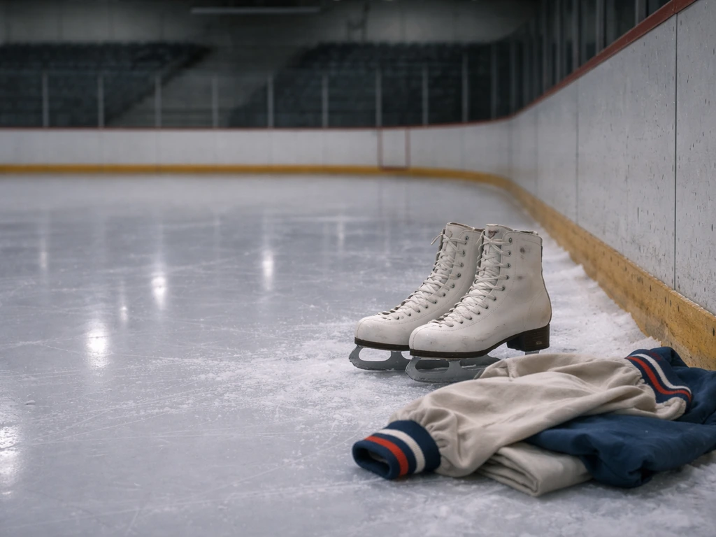 Figure skates on an ice rink with softly blurred empty stands, hinting at a skater’s identity.