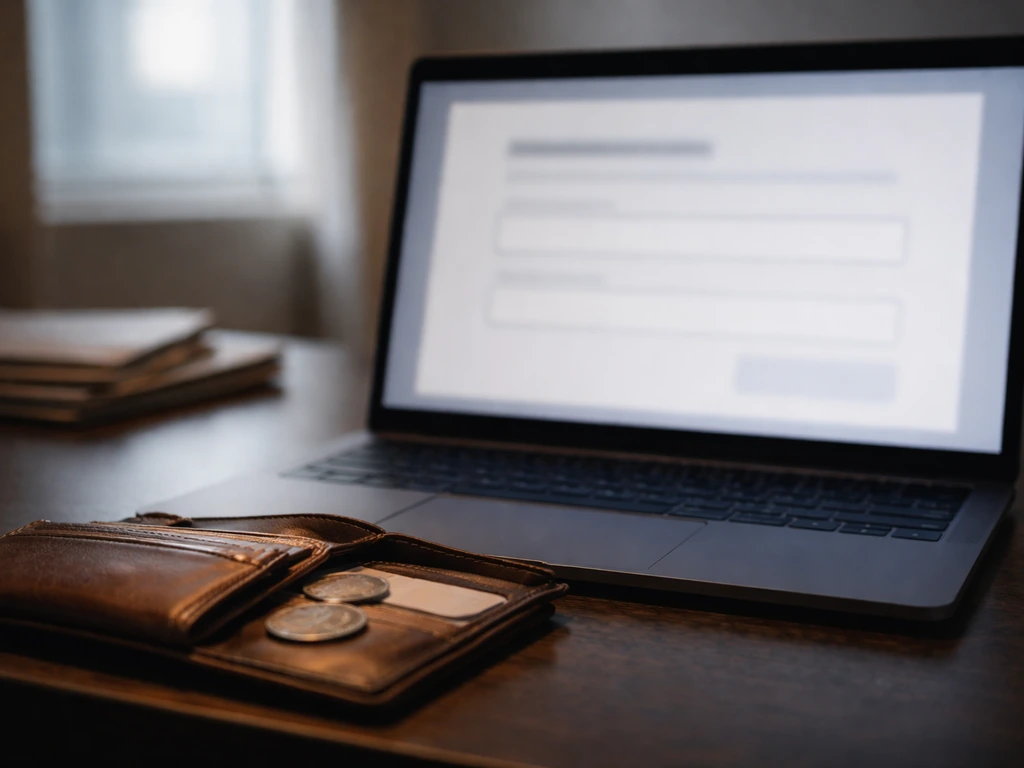 Close-up of a laptop showing blurred identity-check form fields beside a wallet, symbolizing identity and wealth verific
