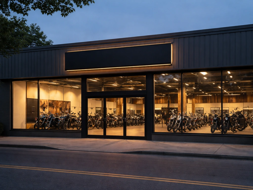 Quiet Harley-Davidson dealership storefront exterior at dusk with a small display of motorcycles, no people.