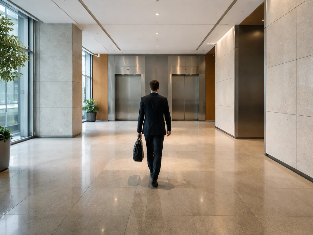 Anonymous businessperson walking through a modern corporate lobby, suggesting a Ukrainian holding-company headquarters.