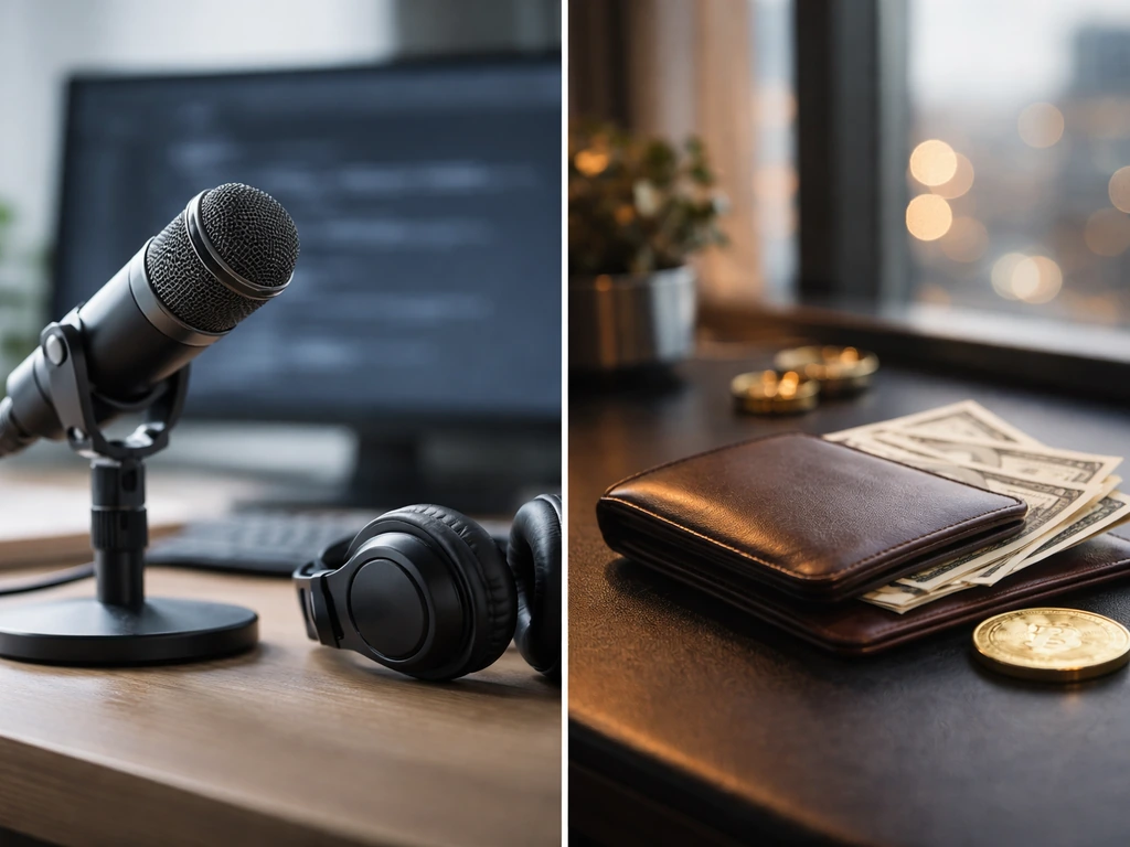 Minimal split-style collage showing anonymous media work and a separate wealth symbol without any person